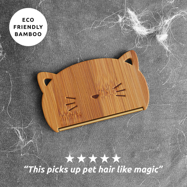 Eco friendly bamboo Cat Hair Remover by Pikkii on sofa with 5 star review - "this picks up pet hair like magic"