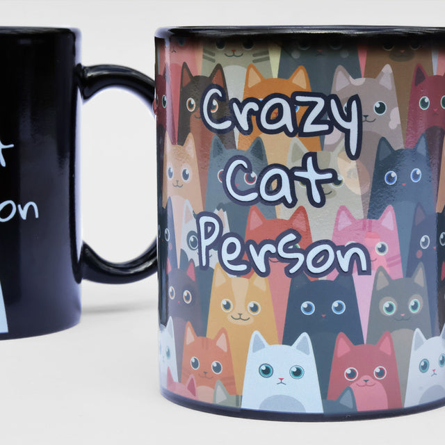 Crazy cat person mug by Pikkii close up