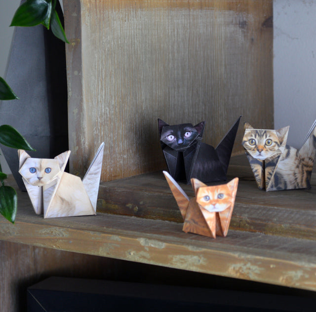 Folded Origami Paper Cats and Kittens on a Wooden Shelf