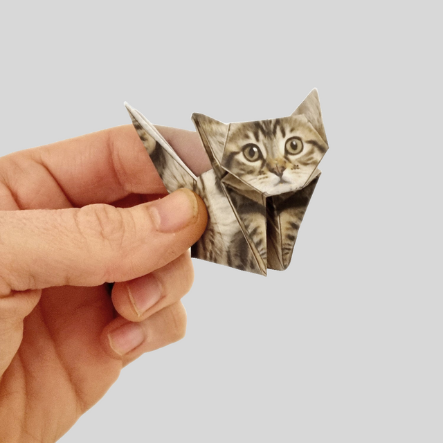 Hand Holding a Folded Origami Paper Cat Bengal Kitten by Pikkii