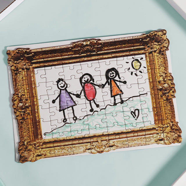 Pikkii framed drawing blank jigsaw puzzle with a child's drawing of a family