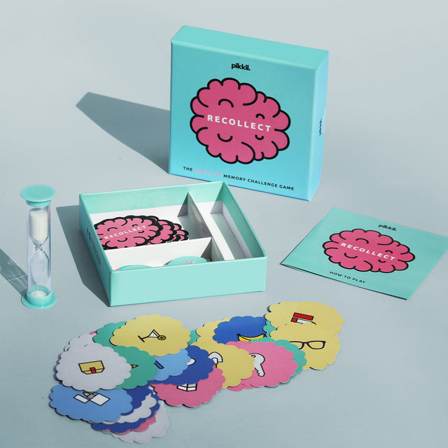 Recollect family memory challenge party game box contents