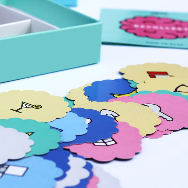 Recollect family memory party game close up of colourful icon cards