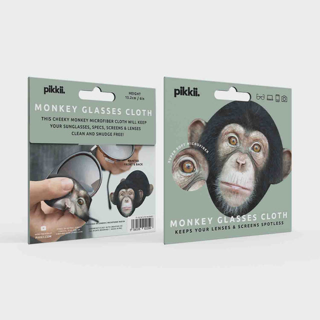 Pikkii Monkey Microfiber Glasses Cloth - Fun Microfiber Cloth, Front & Back Of Packaging