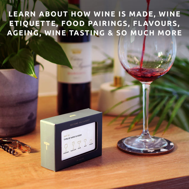 Become an expert in wine in 90 days slide box by Pikkii on kitchen counter with wine glass - learn about how wine is made, wine etiquette, food pairings, flavours, wine tasting and more