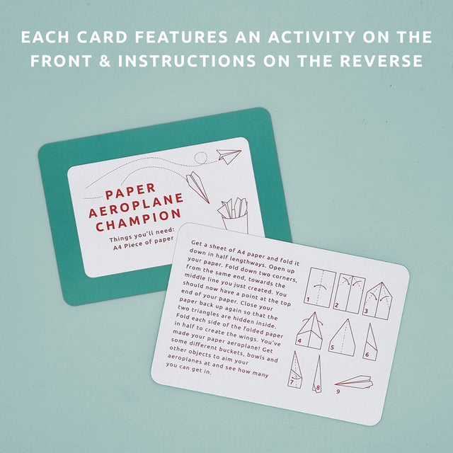 Bored box by Pikkii paper aeroplane champion activity card and instructions on the reverse