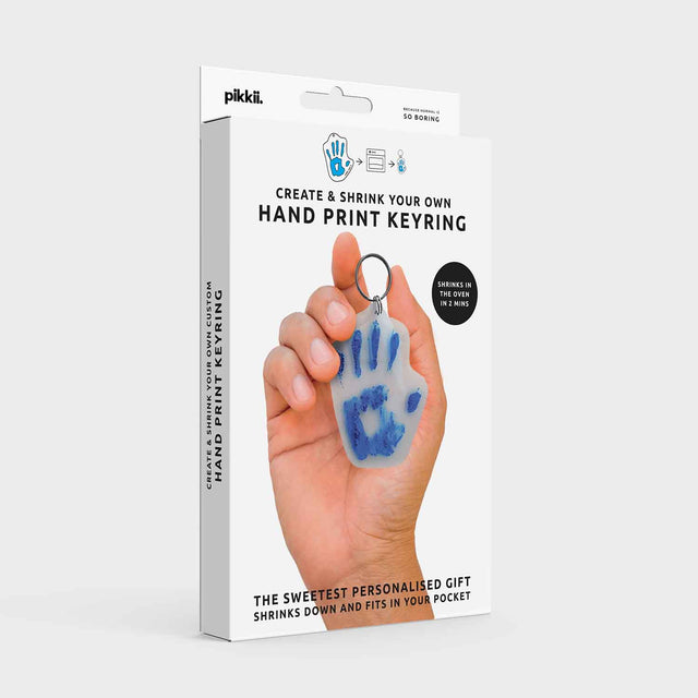 Hand Print Shrink Keyring Kit Packaging Front on Grey Background