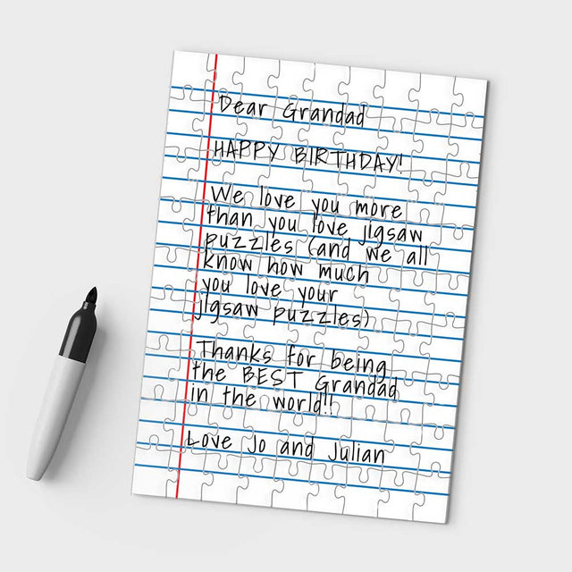 "Dear Grandad Happy Birthday" Personalised Handwritten Puzzle Jigsaw  by Pikkii with marker over White Background