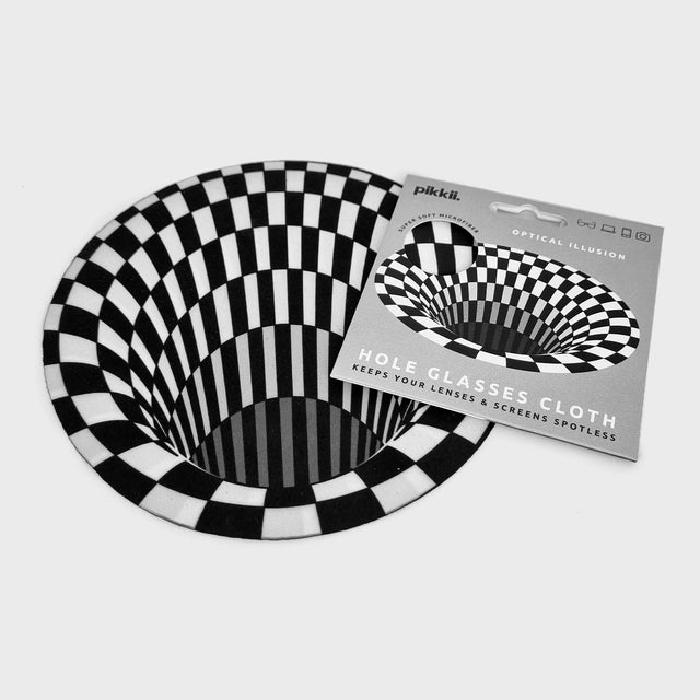 Optical Illusion Hole Glasses Cloth by Pikkii with Packaging Front on Grey Background