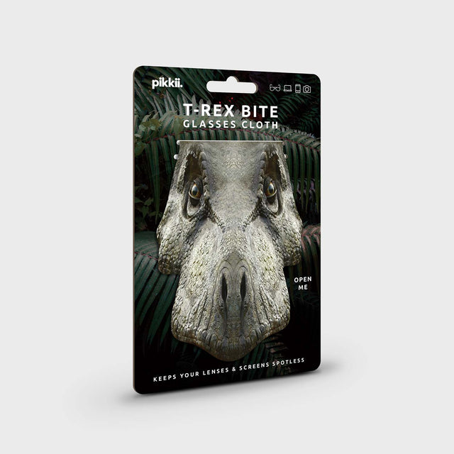 T-Rex Bite Glasses Cloth by Pikkii Packaging Front on Grey Background