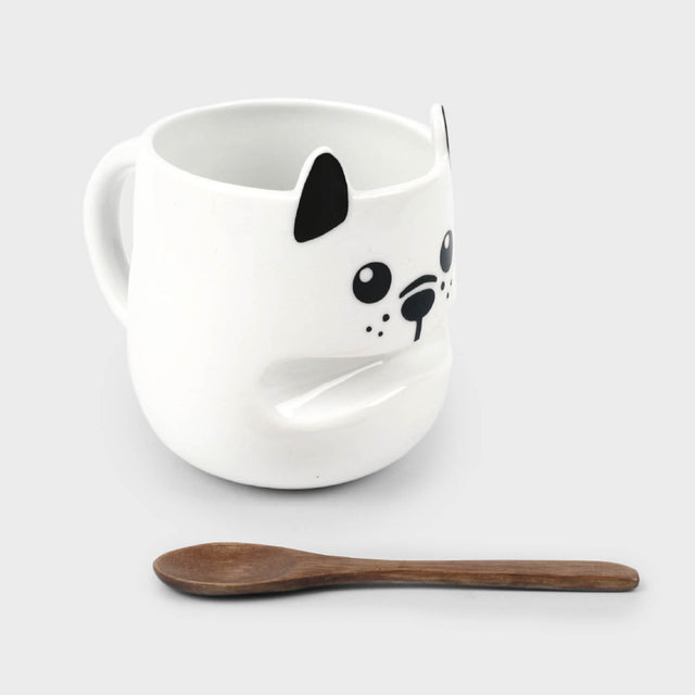 Dog shaped mug with a mouth holding with wooden stick tea spoon