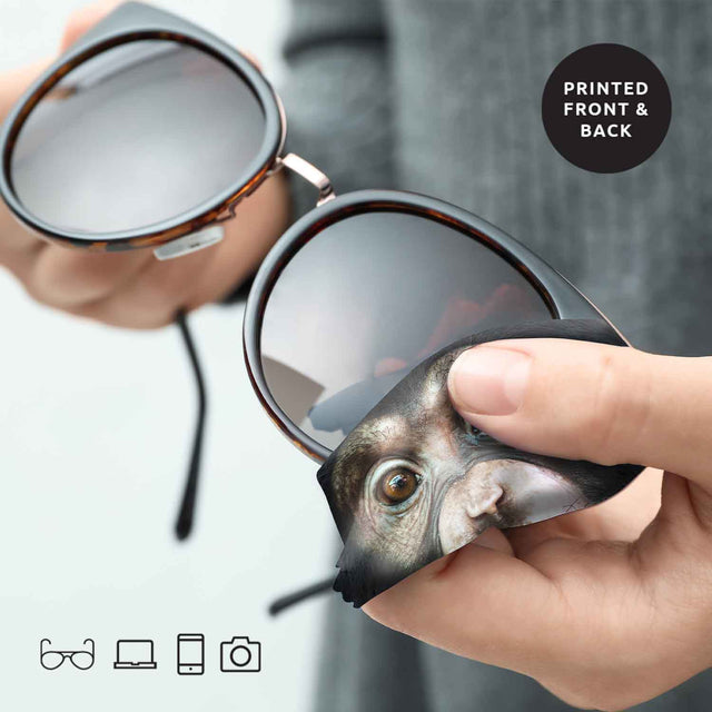 Pikkii Monkey Microfiber Glasses Cloth - Fun Microfiber Cloth, Being Used On Sunglasses. 