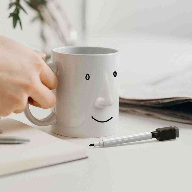 Pikkii - My Mood Today Mug and Pen - Happy Face Drawn on Mug on Desk With Pen