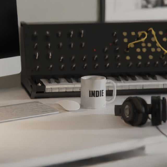 Indie Music Mug displayed on desk next to keyboard