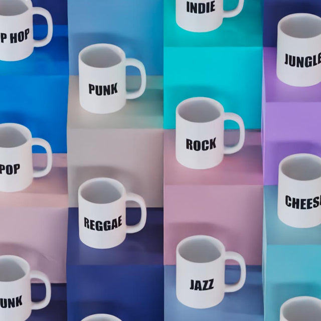 Collection of Limited Edition Music Mugs arranged on colourful boxes