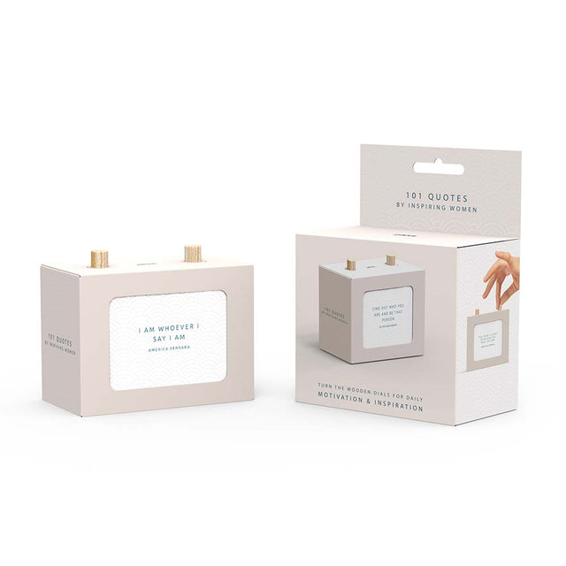 Pikkii 101 Quotes by Inspiring Women box next to packaging America Ferrara Quote on white background