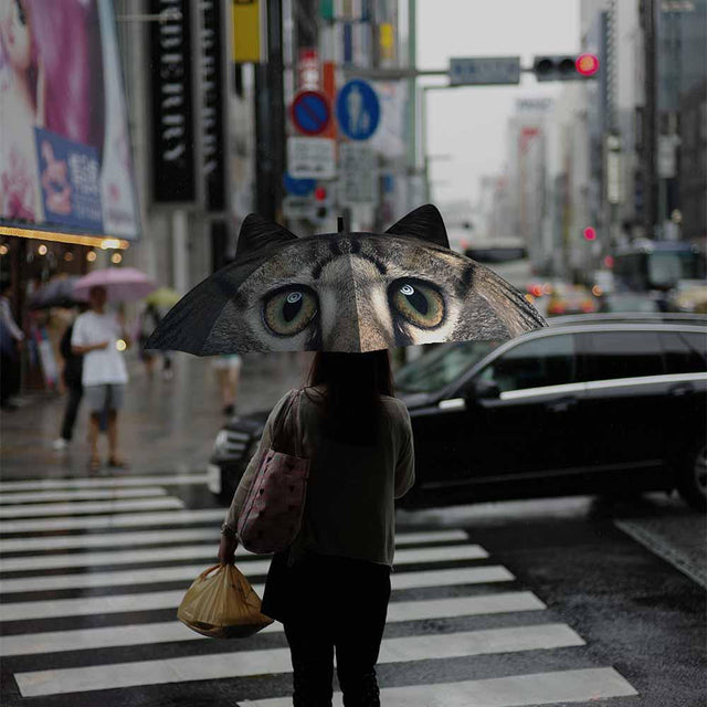 Woman holding cat umbrella crossing street in the city