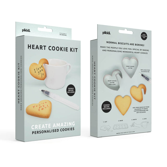 Front and Rear of Pikkii Personilised Heart Shaped cookie cutting kit 