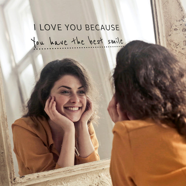 Woman reading I Love You Because decal writing