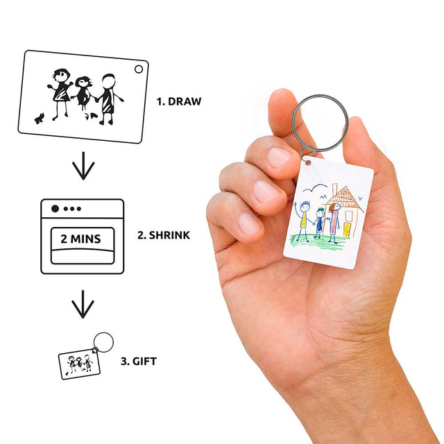 Piikkii Kids Drawing Shrink keyring Kit instructions 1.draw 2.shrink 3.gift hand holding Piikkii Kids Drawing Shrink keyring Kit  over white background