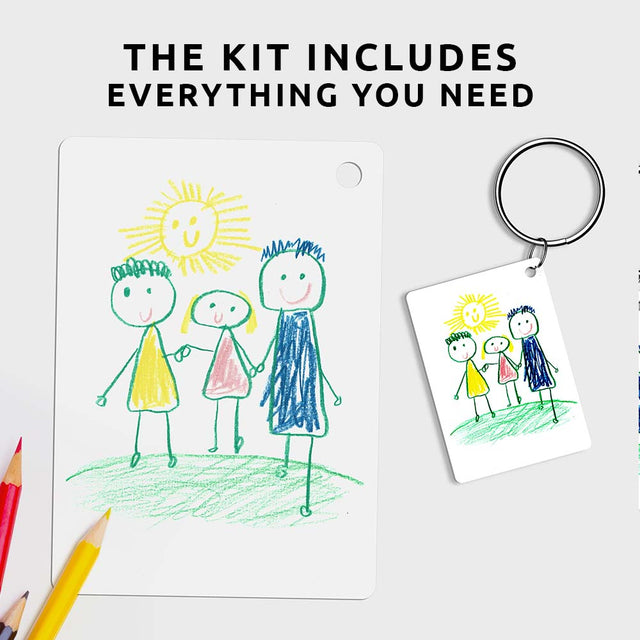 Piikkii Kids Drawing Shrink keyring Kit close up  of canvas before and after baking with message the kit includes everything you need over white background