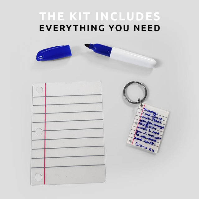 Pikkii Diy Shrink Little Lined Letter Keychain Kit Keyring Shrinkable canvass and blue marker over white background with message the kit includes everything you need