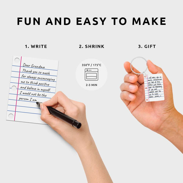 Pikkii Diy Shrink Little Lined Letter Keychain Kit. instructions over white background with message fun and easy to make white shrink and gift