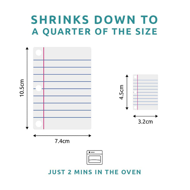 Pikkii Diy Shrink Little Lined Letter Keychain Kit instructions and size of Shrinkable canvass before and after baking over white background with message Shrinks down to a quarter of the size just in 2 mins in the oven