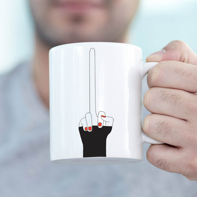 Man Holding Long Middle Finger Coffee Mug by Pikkii