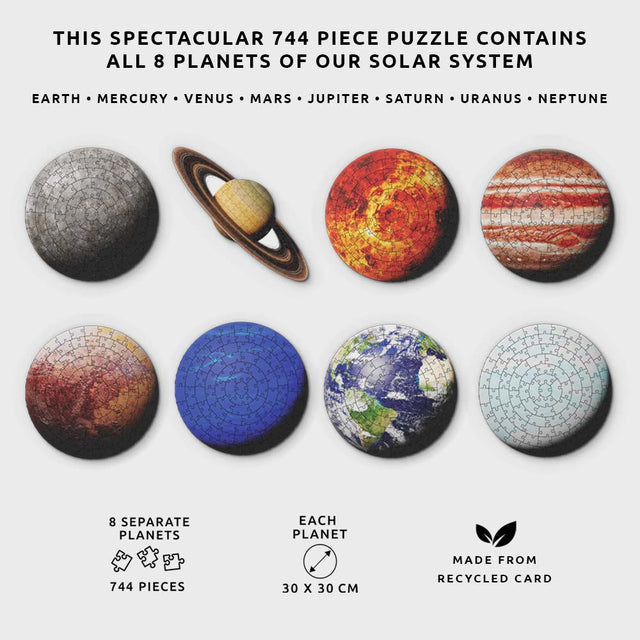 744 Pieces Jigsaw Puzzle 8 Seperate Planets 30 x 30 cm large made from Recycled card over white background