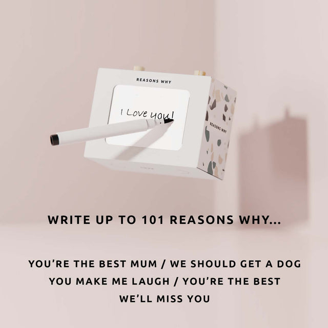 Reasons Why Scroll Box with Pen Floating on Pink Background with Text Overlay of Example Reasons Why