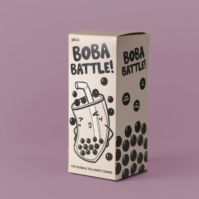 Boba Battle party game box by Pikkii, featuring playful black-and-white bubble tea illustrations on a pastel purple background.