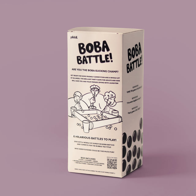 Pack of pack Boba Battle party game box by Pikkii, featuring playful black-and-white bubble tea illustrations on a pastel purple background.