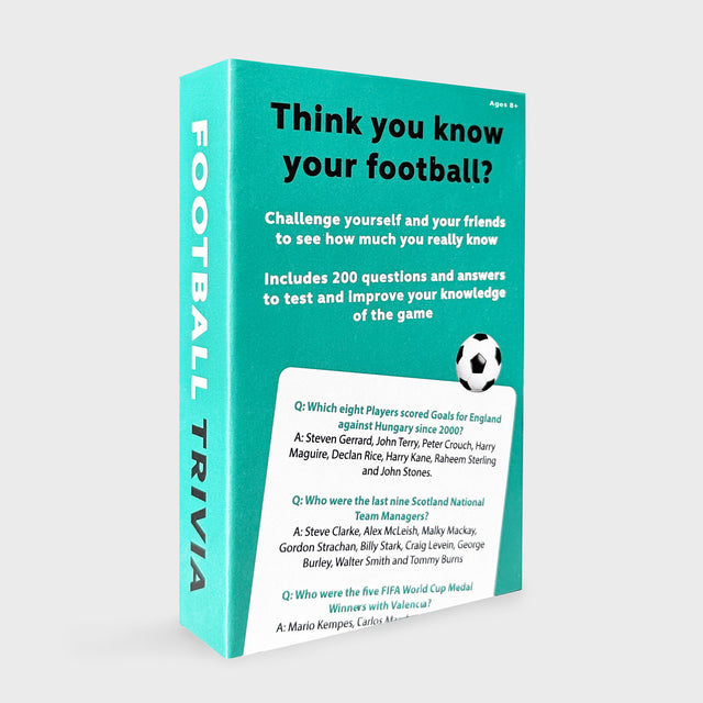 Football Trivia Cards by Pikkii Back of Packaging on Grey Background
