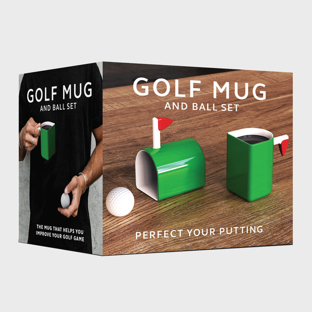 Golf mug and ball set by Pikkii packaging on grey background