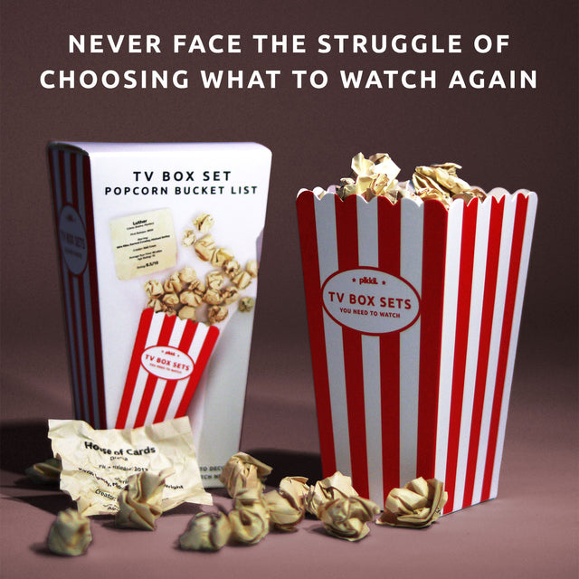 Pikkii TV Box Set Popcorn Bucket List with packaging and spilled popcorn pieces on red background - never face the struggle of choosing what to watch again