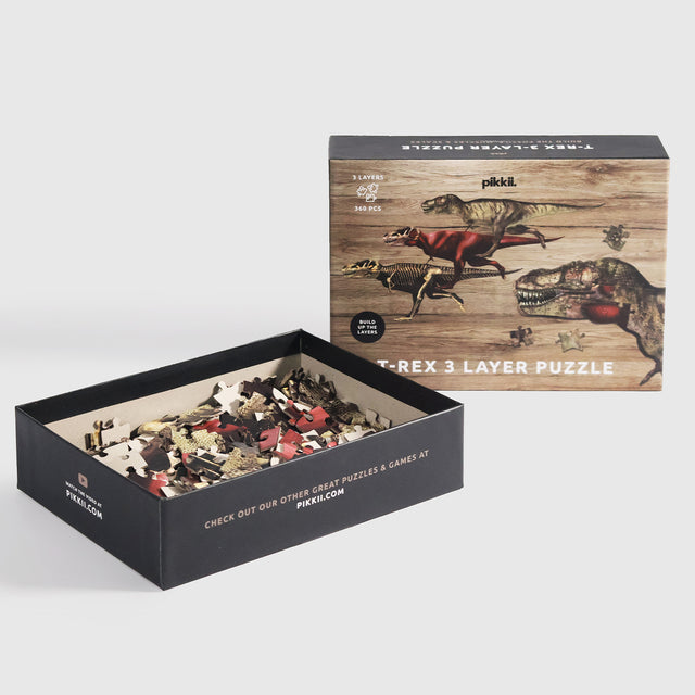 T-Rex Layer Jigsaw Puzzle by Pikkii - Open Packaging on Grey Background