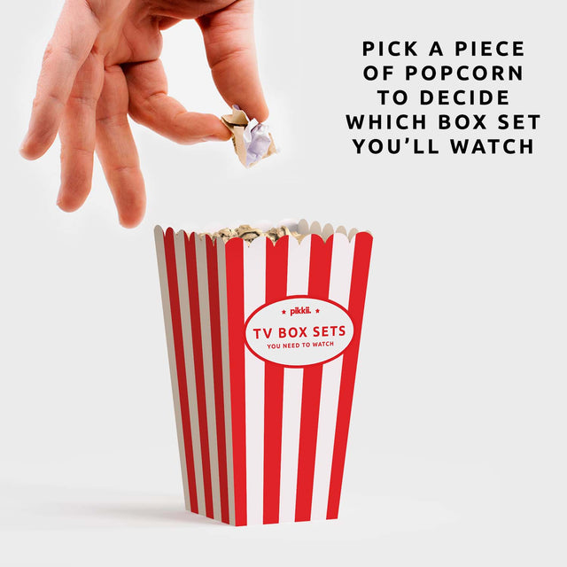 Pikkii TV Box Set Popcorn Bucket List Hand Picking out Piece of Popcorn - Pick a piece of popcorn to decide which box set you'll watch