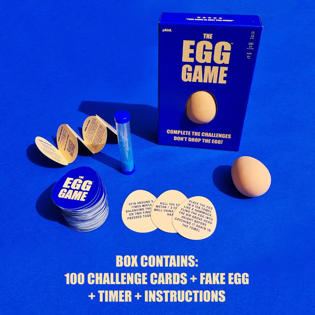The Egg Game by Pikkii Box Contents - 100 challenge cards, fake egg, timer, instructions