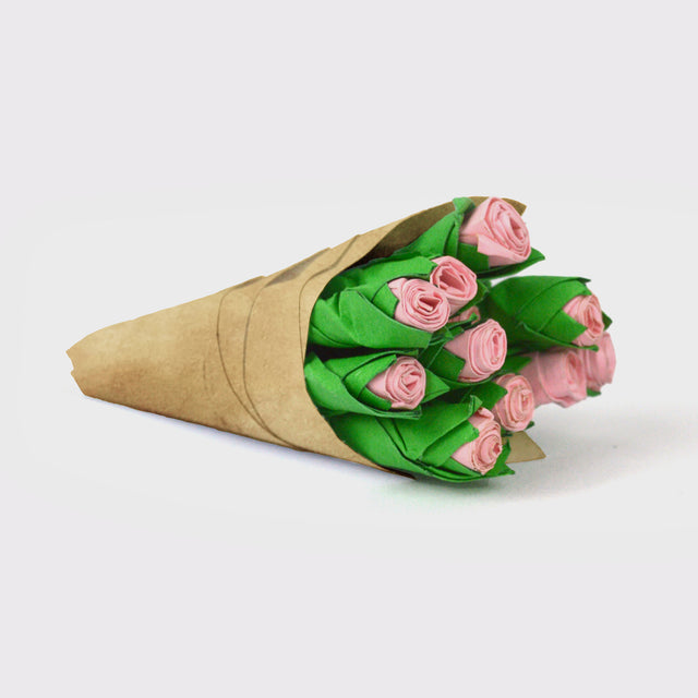 Mini bunch of pink paper roses in craft papar wrap