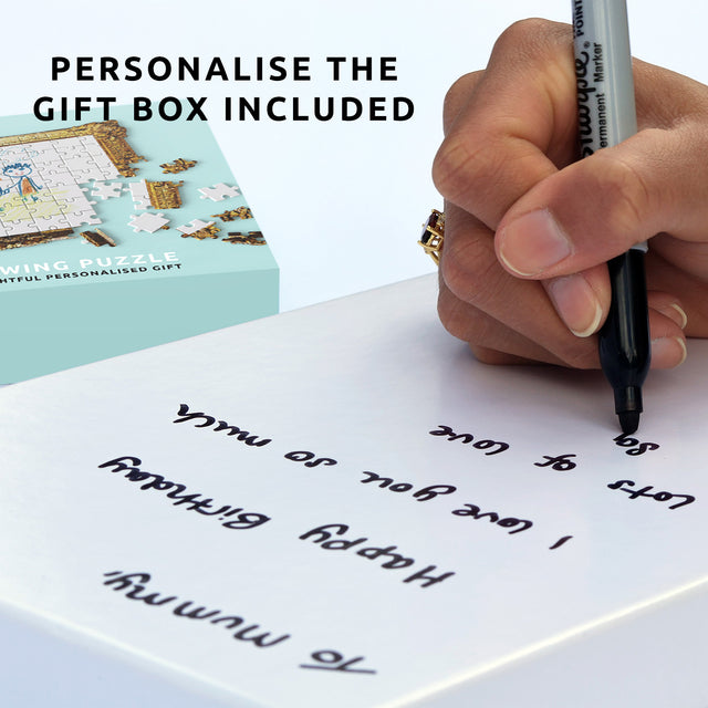 Hand writing on gift box included of Pikkii's framed drawing jigsaw puzzle