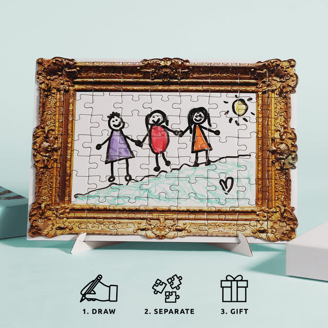 Framed drawing jigsaw puzzle by Pikkii with personalised kids drawing of family on stand with overlay icon instructions - draw, separate, gift