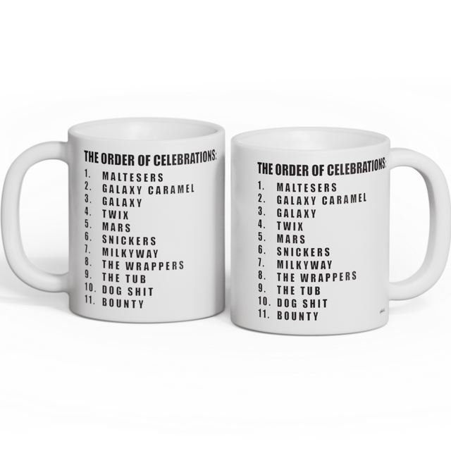 Two Order of Celebrations Mugs together on white background PNG