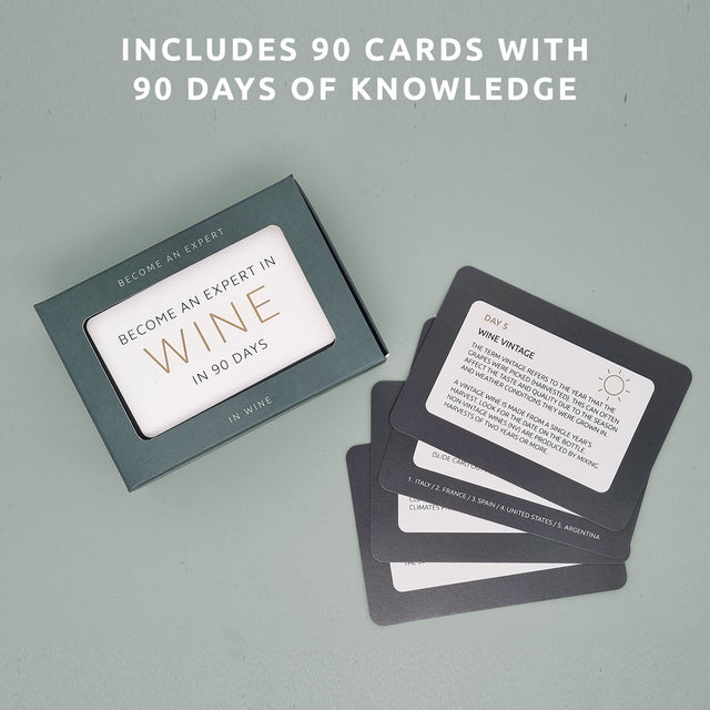 Become an expert in wine in 90 days slide box by Pikkii selection of cards - 90 cards with 90 days of knowledge