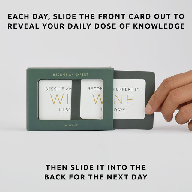 Become an expert in wine in 90 days slide box by Pikkii with hand sliding card out from the front