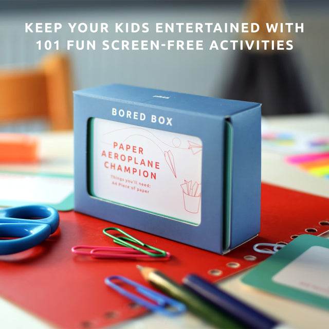 Bored box by Pikkii on table with craft tools - keep your kids entertained with 101 fun screen-free activities