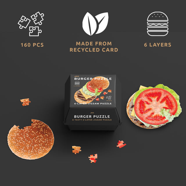 Burger 6 Layer Jigsaw Puzzle by Pikkii Packaging with Layers Stacked and Recycled Card Material and 160 Puzzle Pieces Icons