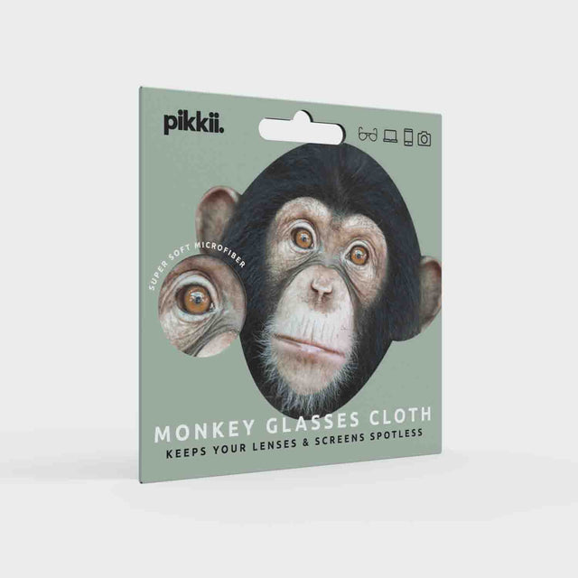 Pikkii Monkey Microfiber Glasses Cloth Packaging Front Grey Background