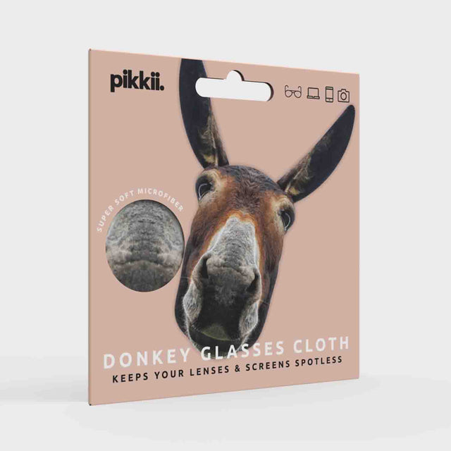 Pikkii Donkey Microfiber Glasses Cloth Packaging Front Grey Background