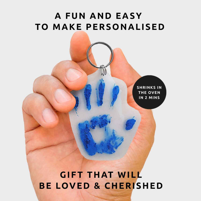 Hand Holding Hand Print Shrink Keyring with Text Overlay